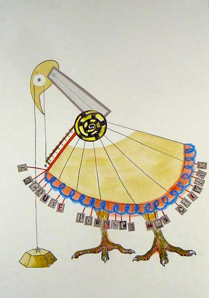 Inventaire1.Miroir aux alouettes. Dessin, aquarelle et crayon à papier. Esprit  surréaliste, forme de chapeau de gendarme, dans laquelle on aperçoit une faucille; le corps de la sculpture est recouvert d'un tissus décor végétal, comme un camouflage. 