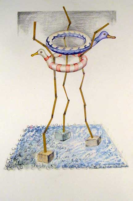 Inventaire1.Miroir aux alouettes. Dessin, aquarelle et crayon à papier. Esprit  surréaliste, forme de chapeau de gendarme, dans laquelle on aperçoit une faucille; le corps de la sculpture est recouvert d'un tissus décor végétal, comme un camouflage. 