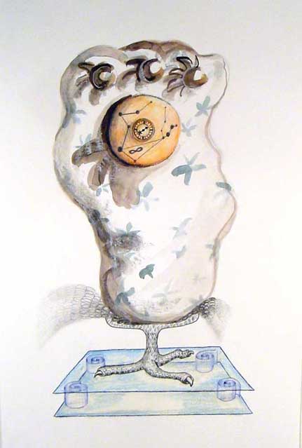 Inventaire1.Miroir aux alouettes. Dessin, aquarelle et crayon à papier. Esprit  surréaliste, forme de chapeau de gendarme, dans laquelle on aperçoit une faucille; le corps de la sculpture est recouvert d'un tissus décor végétal, comme un camouflage. 