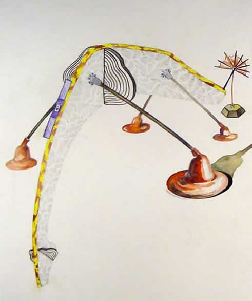 Inventaire1.Miroir aux alouettes. Dessin, aquarelle et crayon à papier. Esprit  surréaliste, forme de chapeau de gendarme, dans laquelle on aperçoit une faucille; le corps de la sculpture est recouvert d'un tissus décor végétal, comme un camouflage. 