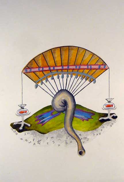 Inventaire1.Miroir aux alouettes. Dessin, aquarelle et crayon à papier. Esprit  surréaliste, forme de chapeau de gendarme, dans laquelle on aperçoit une faucille; le corps de la sculpture est recouvert d'un tissus décor végétal, comme un camouflage. 