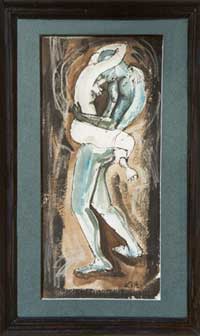 L'homme bleue.. Traits vigoureux et gestuel. Un homme bleu, vertical, porte une femme enlacé autour de ses hanches