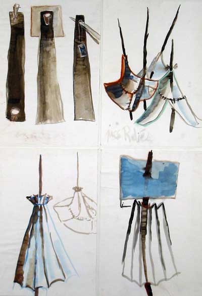 Inventaire1.Miroir aux alouettes. Dessin, aquarelle et crayon à papier. Esprit  surréaliste, forme de chapeau de gendarme, dans laquelle on aperçoit une faucille; le corps de la sculpture est recouvert d'un tissus décor végétal, comme un camouflage. 