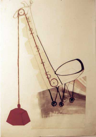 Inventaire1.Miroir aux alouettes. Dessin, aquarelle et crayon à papier. Esprit  surréaliste, forme de chapeau de gendarme, dans laquelle on aperçoit une faucille; le corps de la sculpture est recouvert d'un tissus décor végétal, comme un camouflage. 