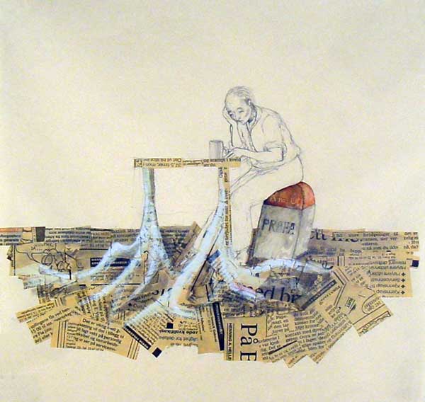 Inventaire1.Miroir aux alouettes. Dessin, aquarelle et crayon à papier. Esprit  surréaliste, forme de chapeau de gendarme, dans laquelle on aperçoit une faucille; le corps de la sculpture est recouvert d'un tissus décor végétal, comme un camouflage. 