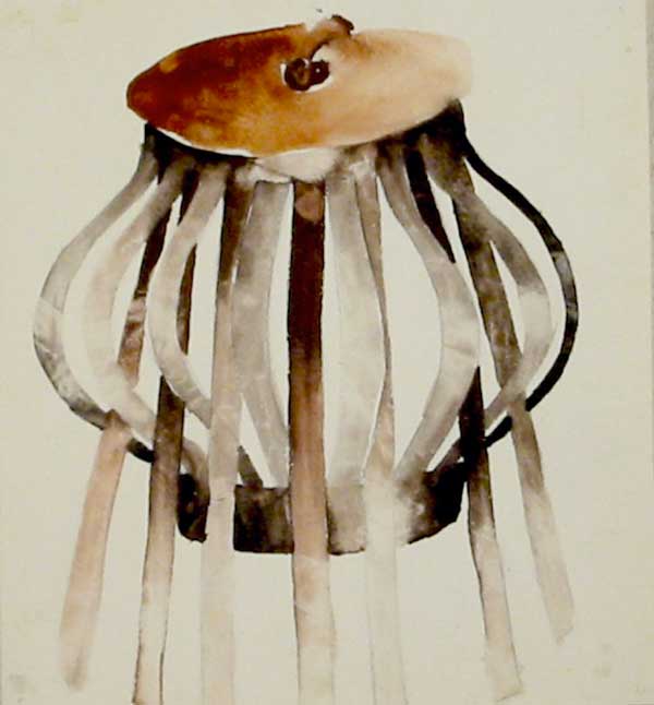 Inventaire1.Miroir aux alouettes. Dessin, aquarelle et crayon à papier. Esprit  surréaliste, forme de chapeau de gendarme, dans laquelle on aperçoit une faucille; le corps de la sculpture est recouvert d'un tissus décor végétal, comme un camouflage. 