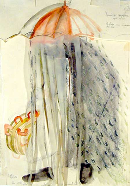 Inventaire1.Miroir aux alouettes. Dessin, aquarelle et crayon à papier. Esprit  surréaliste, forme de chapeau de gendarme, dans laquelle on aperçoit une faucille; le corps de la sculpture est recouvert d'un tissus décor végétal, comme un camouflage. 