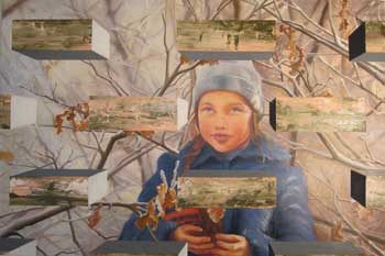 La ligne rouge. Peinture  l'huile. Un portrait de petite fille, dans un rseau de branches enneiges, de facture douce, veloute, dans la lumire miroitante, renvoye par la neige. En opposition, les pierres d'un mur en perspective clate, dont la face au premier plan, rvellent une peinture texture, faite par un principe d'emprunte, o le hasard a sa place, chappant  la notion d'image, bien que notre pense ne puisse s'empcher d'y projeter d'improbables paysages. Quelque chose de flottant, de l'ordre d'une respiration. On ne sais, si les pierres s'cartent o se resserrent? Si l'espace  se dilate et, ou se contracte? C'est le regard du portrait qui semble tenir les lments et le sens, en suspend et en suspenses. Co-xistence  de diffrents registres picturaux. 