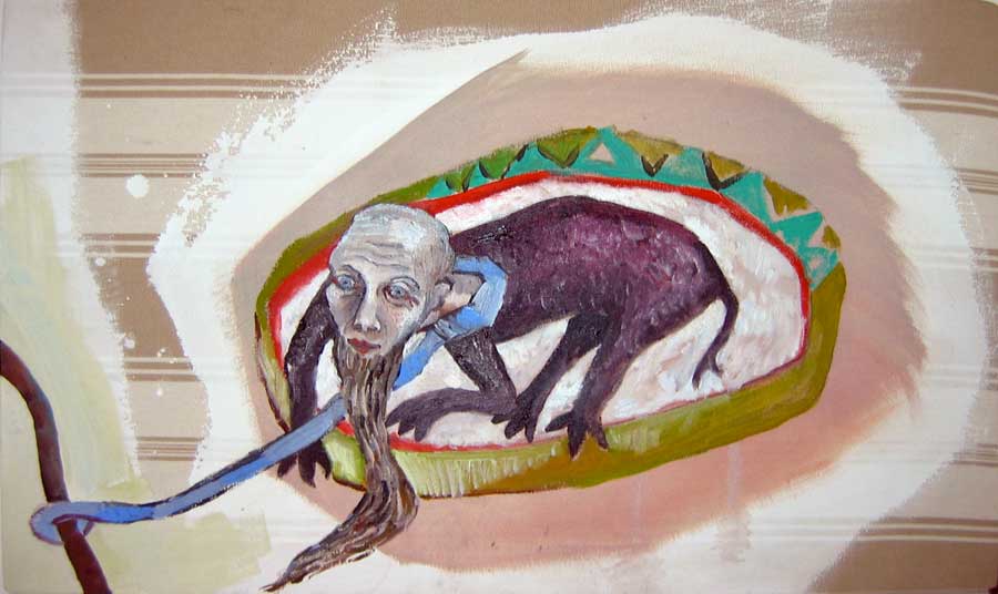 La laisse. Peinte sur une toile à matelas, une chimérique femme à barbe, en laisse  dans une forme  ovale. Animal de cirque exhibé ?   
